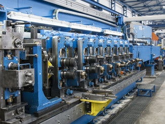 The calibration section of the SMS pipe welding line at Bornay - with eight calibration stands ©SMS