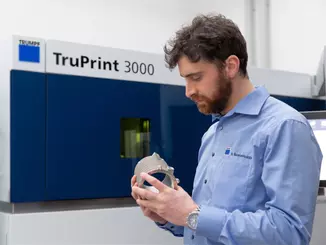 The new medium-format machine uses powder bed-based laser melting to produce components up to 300 millimeters in diameter and 400 millimeters high. Image: © Trumpf