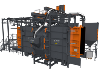 The blast machine, designed for the fully automatic cleaning blasting of a very wide range of three-dimensional welded constructions, convinces by reproducible results as well as by its wear-reduced design, high availability and favourable operating costs. Image: © Rösler