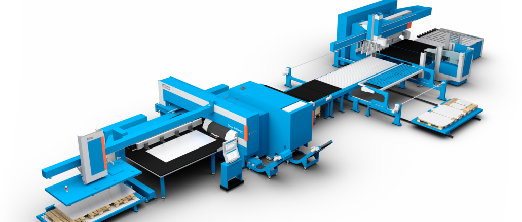 The compact Flexible Manufacturing System PSBB integrates the processes of punching, shearing, buffering and bending in a single solution. © Prima Power