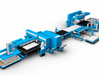 The compact Flexible Manufacturing System PSBB integrates the processes of punching, shearing, buffering and bending in a single solution. © Prima Power