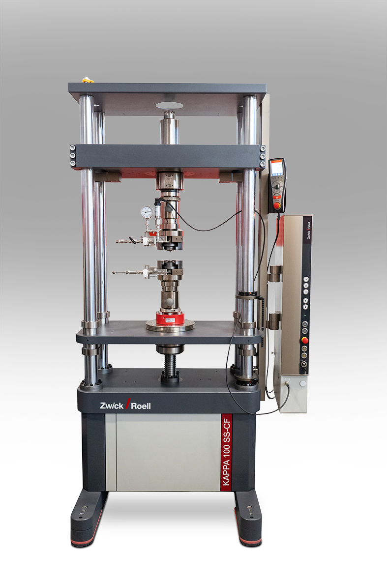 Compressed hydrogen tests on hollow specimens can be performed in ZwickRoell's Kappa 100 SS-CF electromechanical creep testing machine. © ZwickRoell