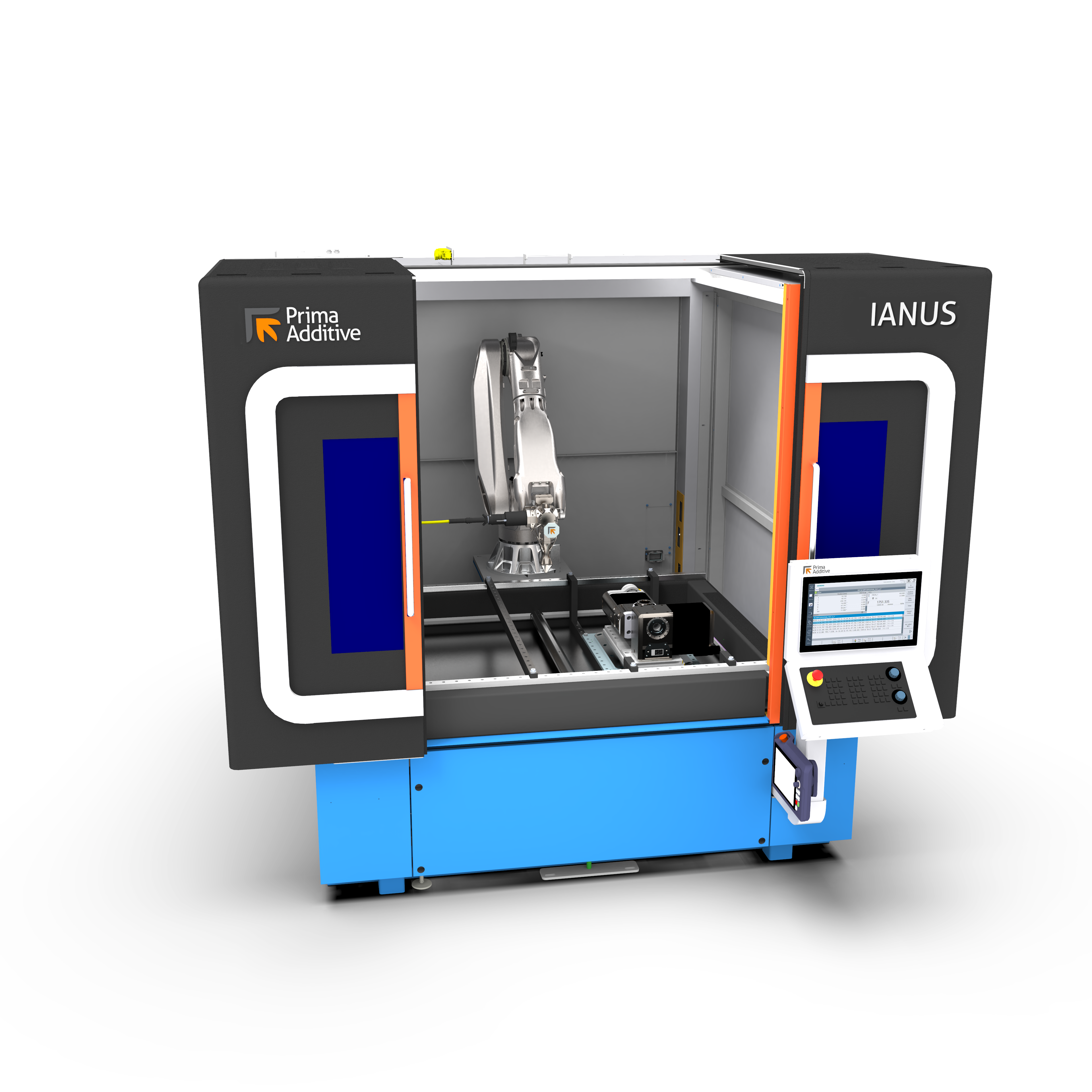 The Ianus multi-process robot cell consists of a robot arm and a laser source. A workspace of 1600 x 1200 x 700 mm is available. © Prima Additive