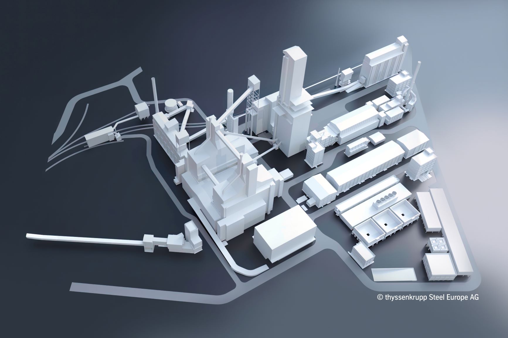 3D visualization of the DRI plant: thyssenkrupp Steel commissioned the SMS group with the engineering, supply and construction of the first hydrogen-powered direct reduction plant at the Duisburg site. This marks the start of one of the world's largest industrial decarbonization projects, which will already be able to avoid more than 3.5 million tons of CO₂ per year in the future. © thyssenkrupp Steel Europe AG