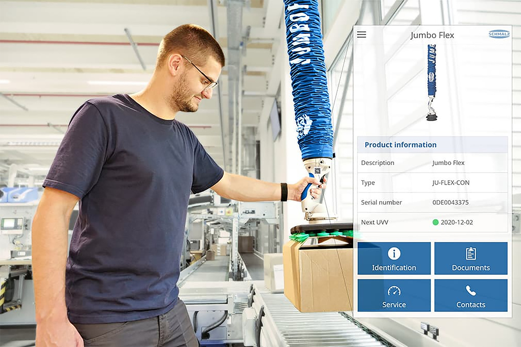 The QR code tells the Schmalz ControlRoom app all the important data about the vacuum tube lifter JumboFlex in use. © Schmalz