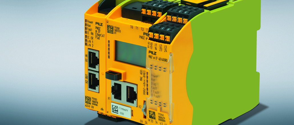 Die sichere und konfigurierbare Kleinsteuerung PNOZmulti 2 von Pilz bietet nun das offene Kommunikationssystem EtherCAT in Kombination mit dem sicheren Protokoll Safety-over-EtherCAT FSoE. Damit ist eine Übertragung von steuerungs- aber auch sicherheitsrelevanten Informationen für mehr Effizienz in der Produktion möglich. © Pilz GmbH & Co. KG