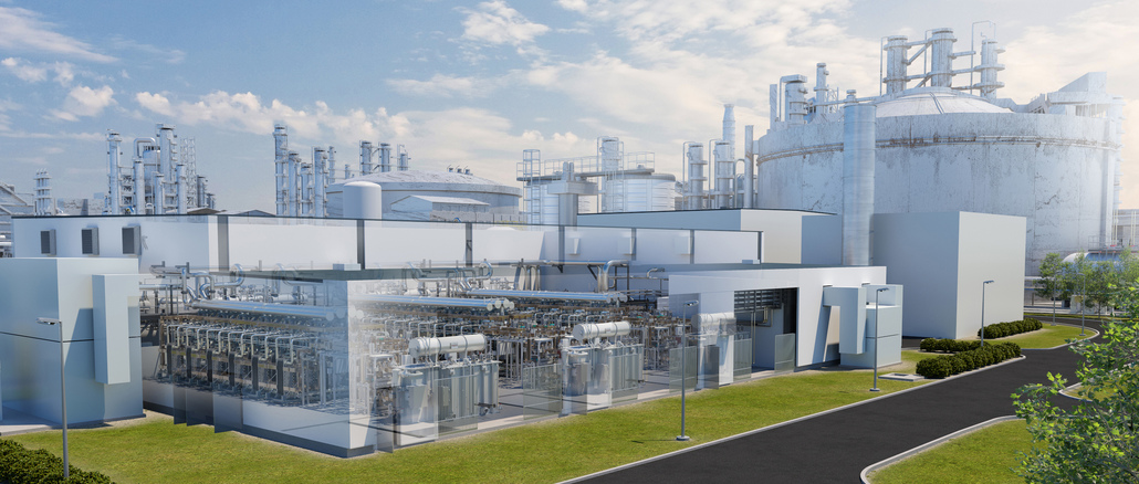 Darstellung der zukünftig am Standort der BASF in Ludwigshafen integrierten Wasserelektrolyse, die in Kooperation mit Siemens Energy errichtet wird. Die Anlage, das sogenannte Hy4Chem-EI-Projekt, wird eine Kapazität von bis zu 8.000 Tonnen Wasserstoff pro Jahr besitzen. © Siemens Energy