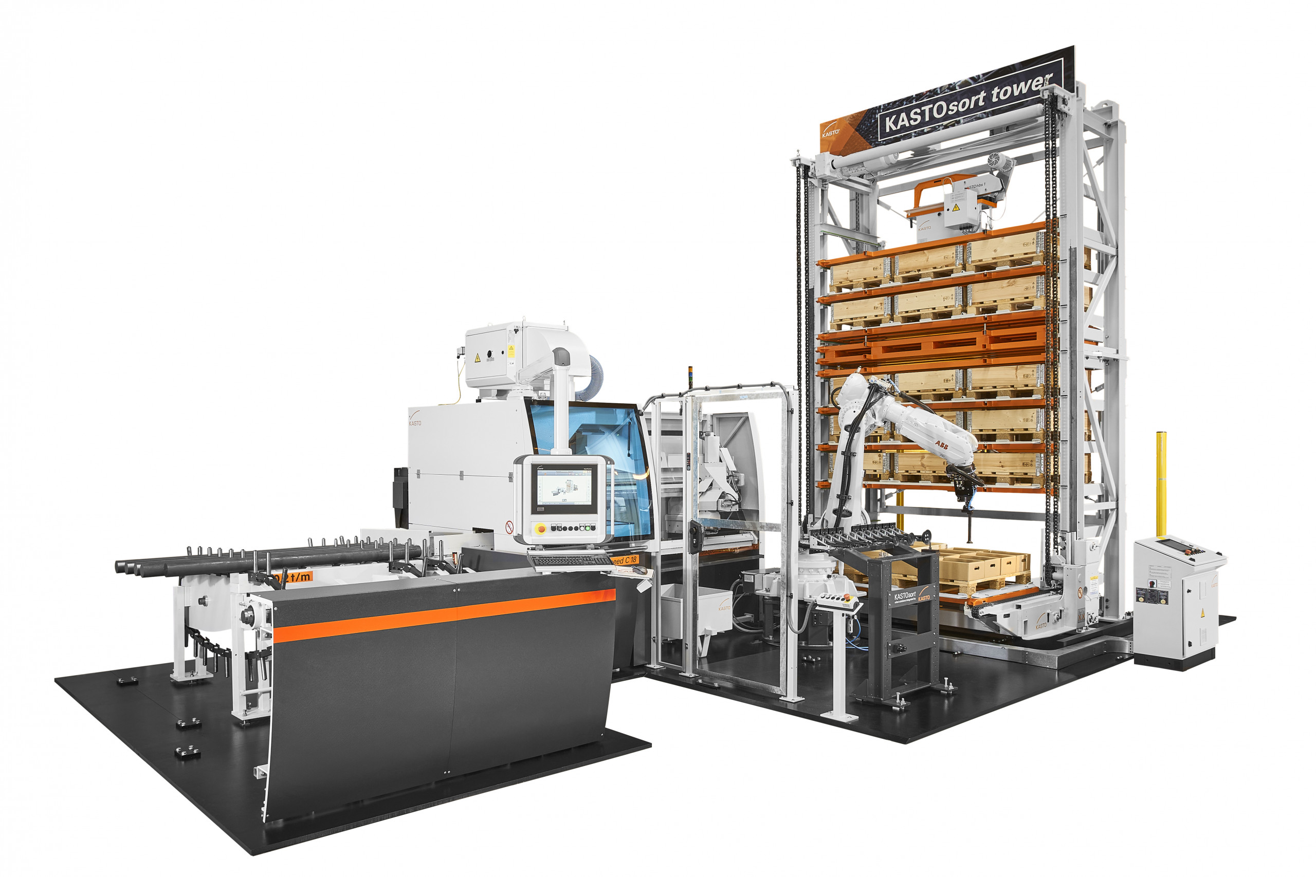 The Kastosort tower consists of a chain magazine, the Kastovariospeed circular saw, the Kastosort robot and the Kastoecostore storage system. © Kasto