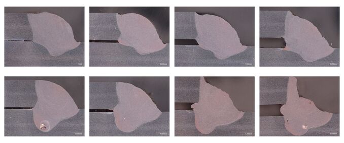 Im Auftrag großer Automobilhersteller testete WMG an der englischen Universität Warwick Schweißverfahren zur Optimierung von Batteriegehäusen aus Aluminium mit Laser. Die Tests zeigen erhebliche Verbesserungen der Nahtüberbrückung mit oszillierendem Laserstrahl (oben) im Vergleich mit Schweißungen ohne Oszillation. Copyright WMG/University of Warwick