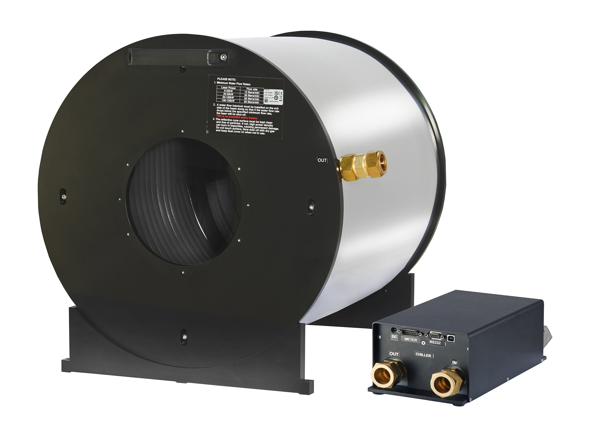 The Ophir 150K-W ultra-high-power laser sensor integrates beam dump and measurement unit; it operates in the 10 to 150 kW range. © Ophir