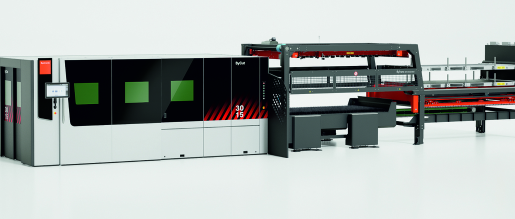 1_ByCut 3015_ByTrans Extended_machine closed_with background_01 Cutting Cell mit ByCut 3015 20 kW + ByTrans Extended © Bystronic