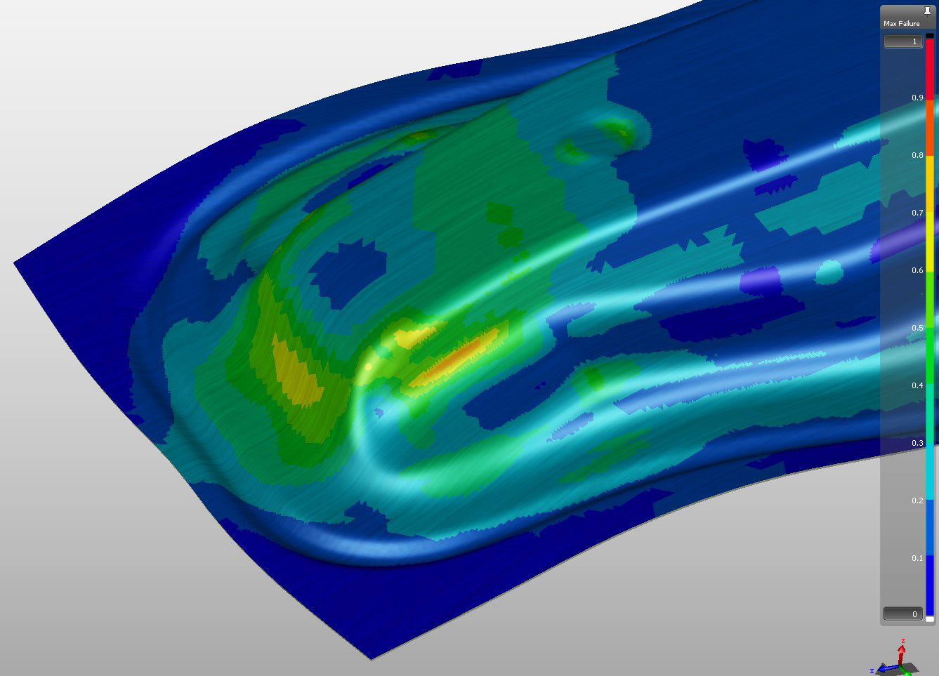 Simulation for the double tool (inner part BMW): A value greater than 1 corresponds to a crack. Up to a value of 0.8, the crack criterion is achieved with corresponding certainty. © SWZ/AutoForm