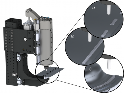 CAD-Entwurf des zweiten Prototyps der Rührreibschweißzange (Steppwelder) mit verschiedenen Welding-Modes zur Erstellung von Punkt-, Linien- oder 3D-Nähten. © Dominik Walz, MPA, Universität Stuttgart