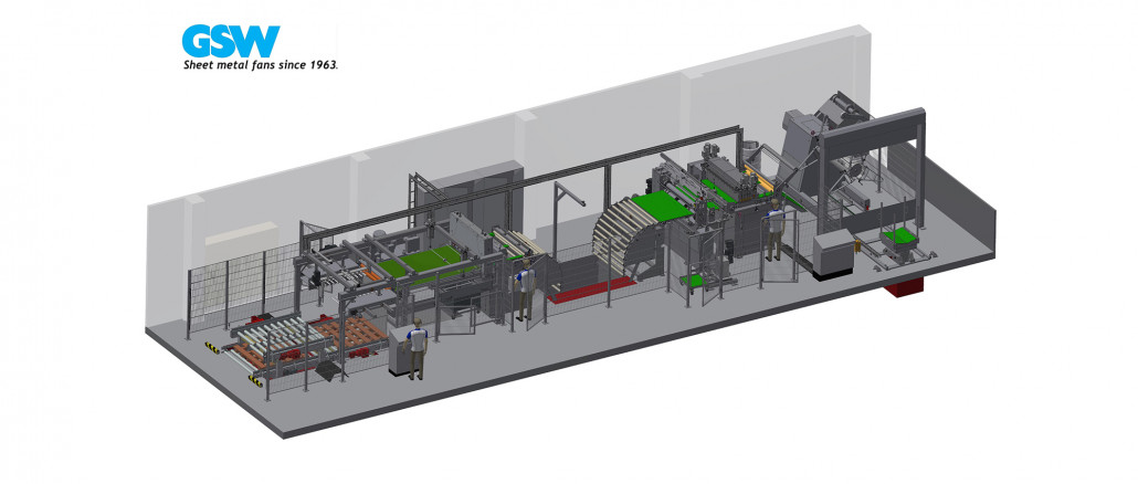 Übersicht über die Anlage: Rechts ist das bis zu 15 t schwere Coil auf der Haspel, links davon folgt die Präzisionsrichtmaschine, nach der Grube in der Mitte folgt die Dachschere, sowie der Bereich mit dem klappbaren Förderband und Entnahmeschublade. Links ist der zweistöckige Abstapel-Sektor: unten werden leere Paletten eingefördert und vom versenkt eingebauten Hubtisch auf die richtige Höhe zum Abstapeln angehoben. Die vollen Paletten verlassen die Anlage über die Schwerlastrollenbahn in der zweiten Ebene. © GSW