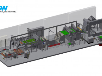 Übersicht über die Anlage: Rechts ist das bis zu 15 t schwere Coil auf der Haspel, links davon folgt die Präzisionsrichtmaschine, nach der Grube in der Mitte folgt die Dachschere, sowie der Bereich mit dem klappbaren Förderband und Entnahmeschublade. Links ist der zweistöckige Abstapel-Sektor: unten werden leere Paletten eingefördert und vom versenkt eingebauten Hubtisch auf die richtige Höhe zum Abstapeln angehoben. Die vollen Paletten verlassen die Anlage über die Schwerlastrollenbahn in der zweiten Ebene. © GSW