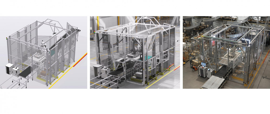 Robotstudio Hyperreality from ABB Robotics compared to a real image of the same robot cell in a factory. © ABB