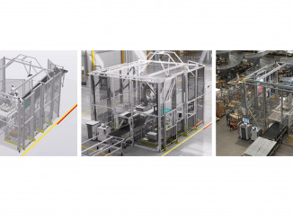 Robotstudio Hyperreality von ABB ­Robotics im Vergleich zu einem realen Bild derselben Roboter­zelle in einer Fabrik. © ABB