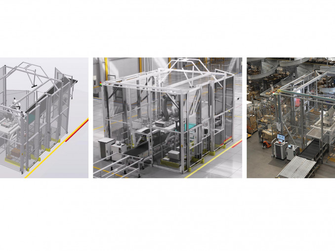 Robotstudio Hyperreality von ABB ­Robotics im Vergleich zu einem realen Bild derselben Roboter­zelle in einer Fabrik. © ABB