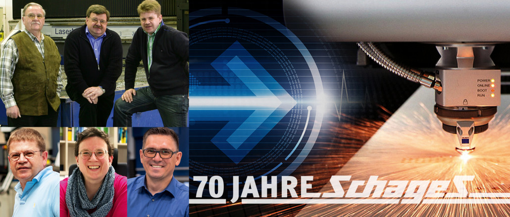 Schages in der 3. Generation: GF 2006 oben: Heinz Schages sen., Heinz Schages jun., Rolf Schages | Unten GF heute: Rolf Schages, Bettina Schütze, Slava Statnych © Bild: Schages